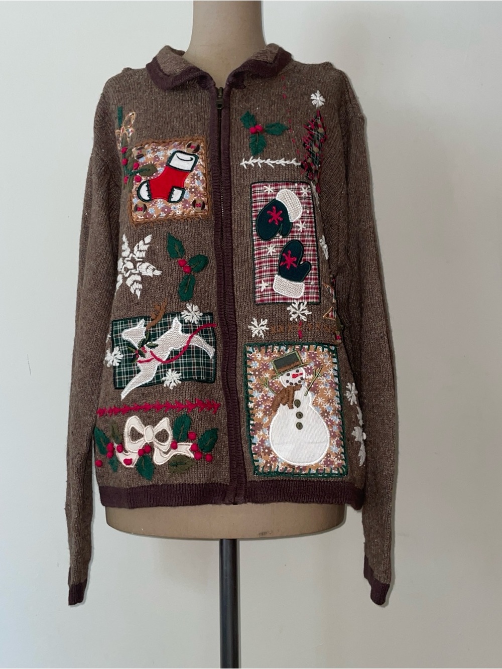 Festive Brown Holiday Patchwork Zip-Up Sweater Jacket -Christmas